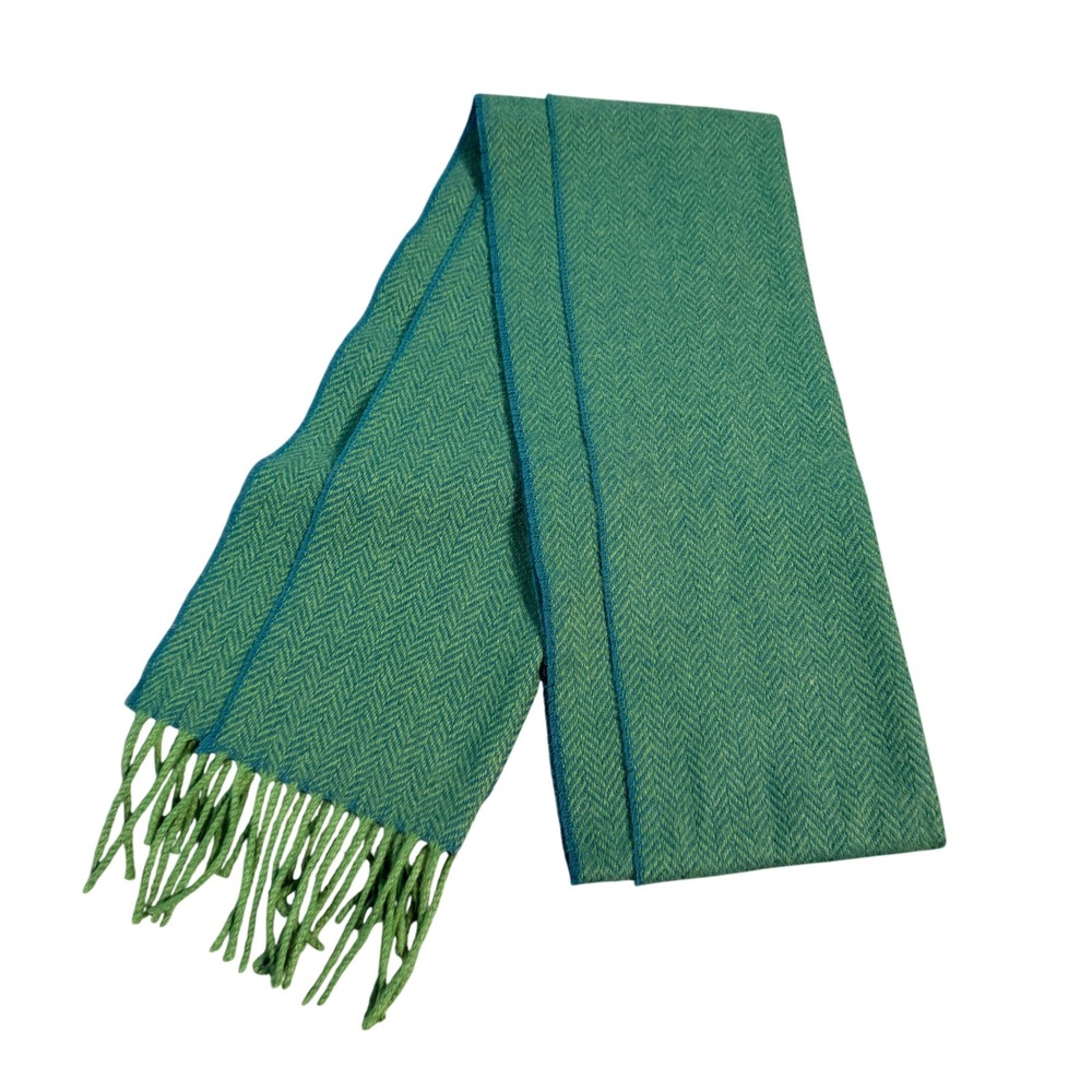 Foxford Ireland 100% Lambswool Herringbone Scarf Green Teal Fringe Made Ireland